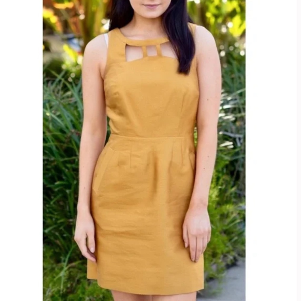 Anthropologie Maeve Sleeveless Sheath Dress Chardonnay Sheen Mustard Gold Yellow